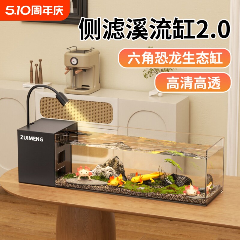 鱼缸六角恐龙鱼专用缸桌面造景蝾螈饲养缸一体成型溪流缸侧滤鱼缸