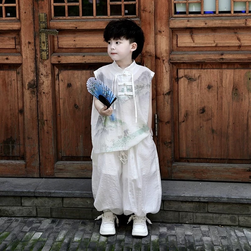男童夏季汉服套装2025新款儿童中国风宝宝唐装少爷无袖衬衫两件1