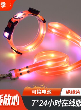 批发猫狗包胶织led发光牵引绳套装时尚防咬防挣脱宠物LED发光项圈
