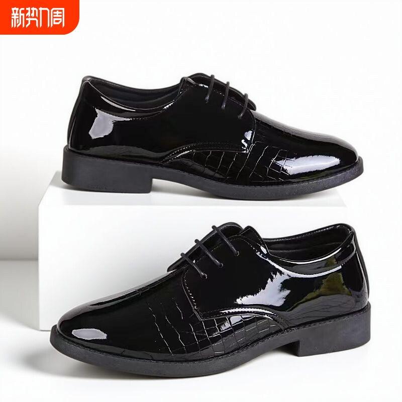 黑色商务正装休闲皮鞋男士系带上班工作鞋结婚时尚男鞋子漆皮舒适