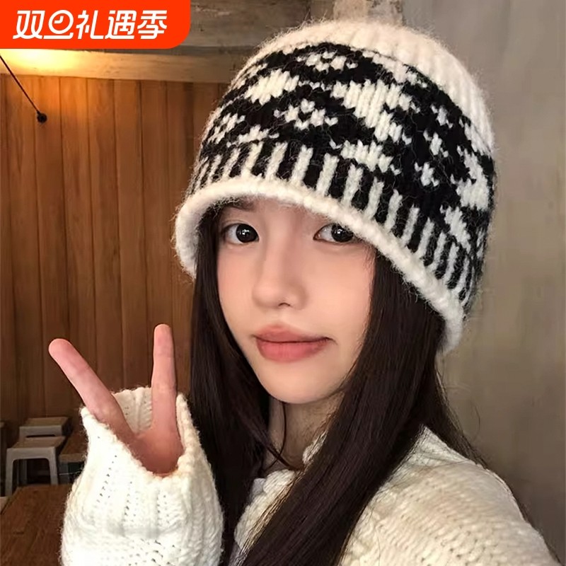 复古菱形格子毛线帽子女秋冬季小众设计感针织帽保暖防寒包头冷帽