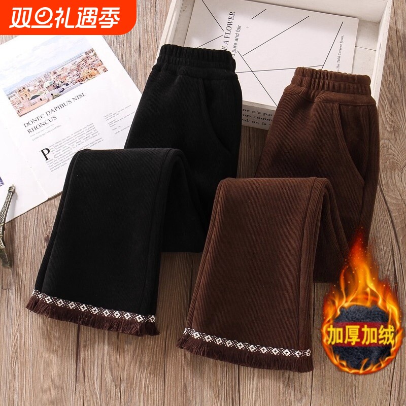 女童裤子冬款加绒加厚保暖洋气中大童冬天一体绒喇叭裤灯芯绒黑色