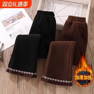 女童裤子冬款加绒加厚保暖洋气中大童冬天一体绒喇叭裤灯芯绒黑色