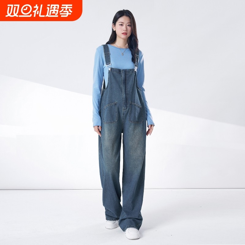 孕妇牛仔背带裤秋冬外穿2025新款不勒肚子休闲直筒长裤孕期阔腿裤