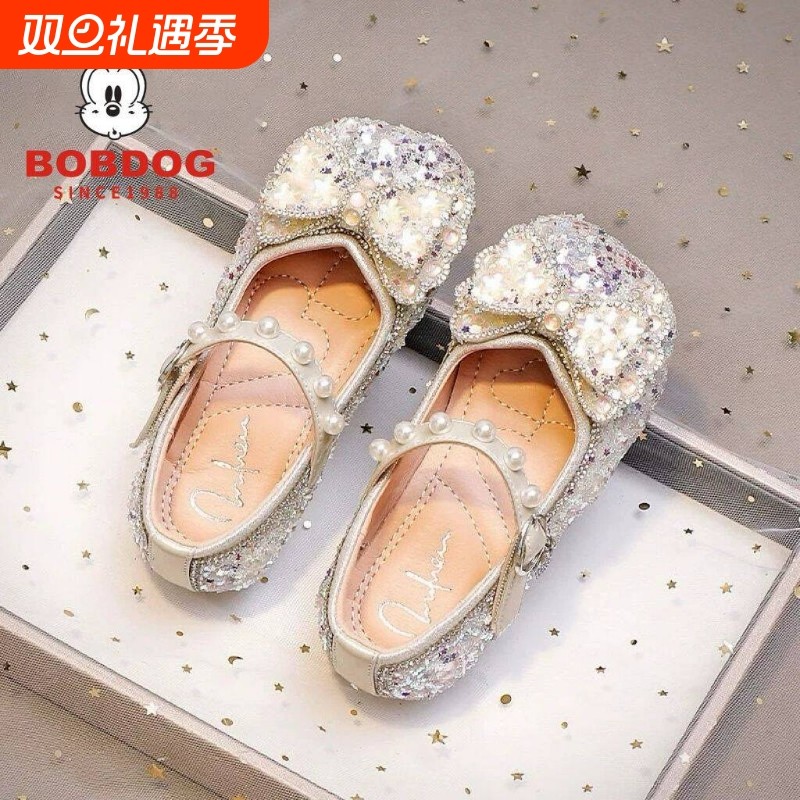 巴布豆女童鞋儿童公主鞋2025新款宝宝秋款水晶小皮鞋水钻闪亮单鞋
