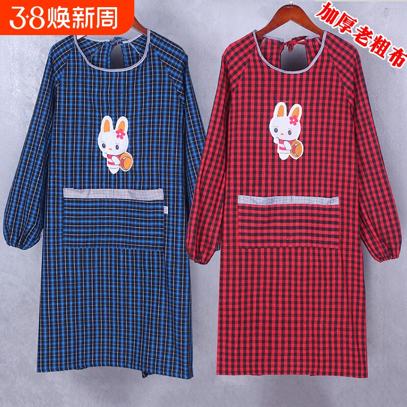 纯棉老粗布围裙长袖韩版时尚可爱成人罩衣秋冬加厚工作服LOGO