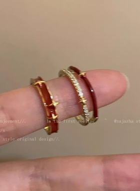 双层红色星星戒指女ins小众设计感开口可调节指环个性百搭食指戒