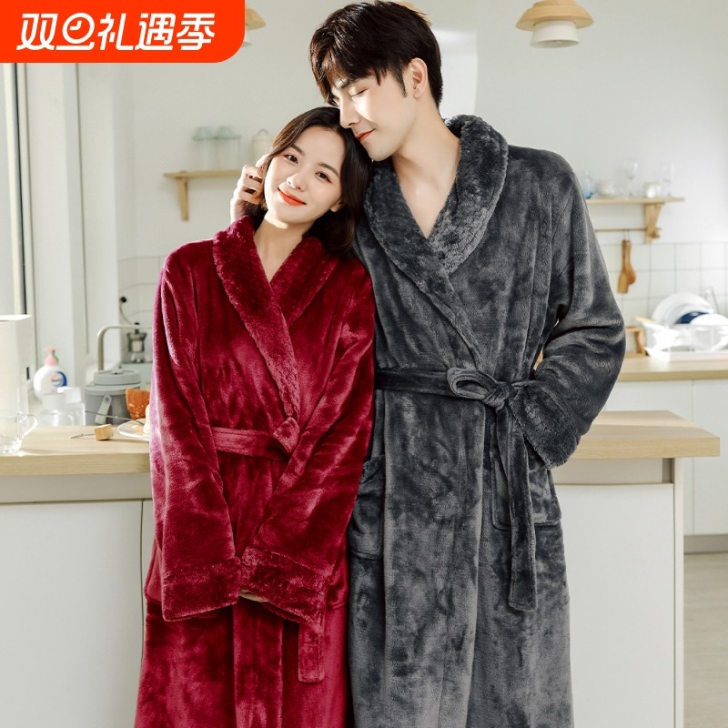 情侣款情侣法兰绒睡袍冬加厚保暖家居服男女浴袍珊瑚绒紫色红色