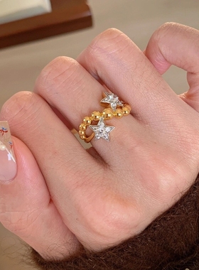 925轻奢高级中古双子星戒指镶钻圆珠波浪复古小众设计百搭食指戒