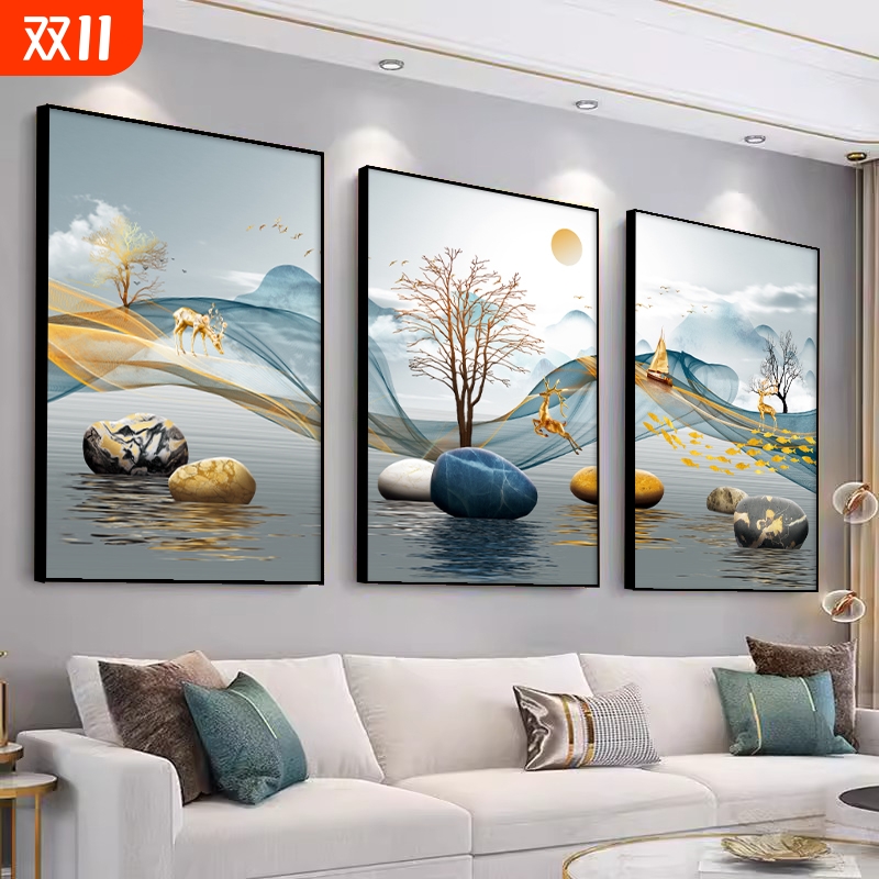 福鹿高升客厅装饰画现代简约三联画寓意好壁画北欧沙发背景墙挂画图片