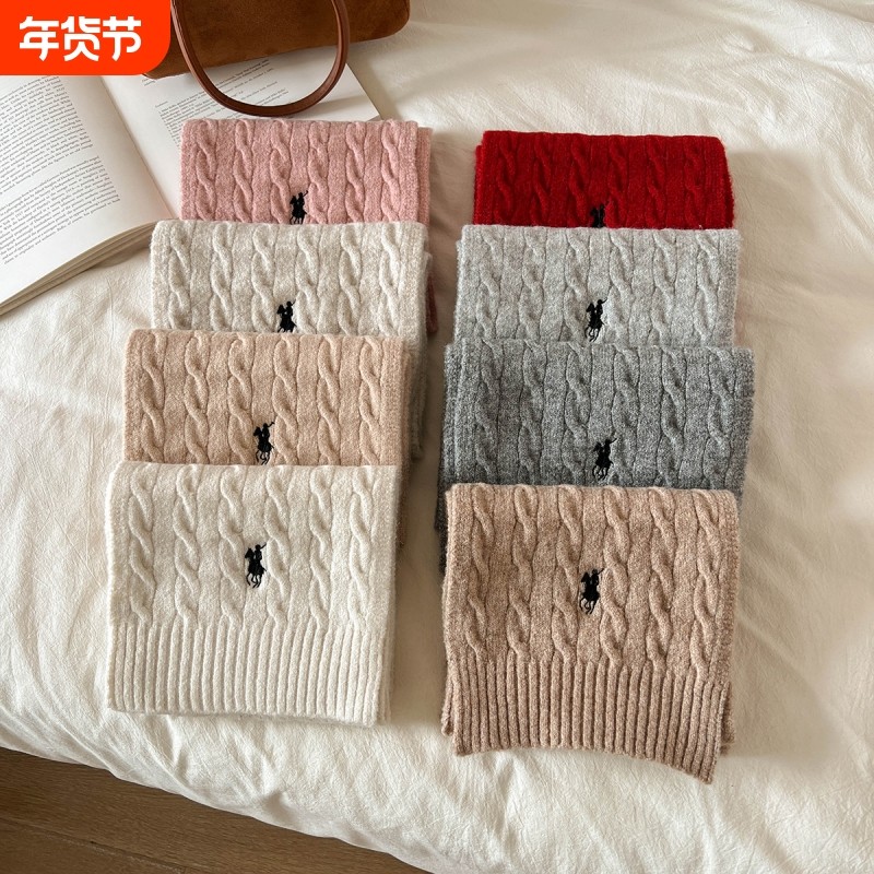 2025冬季新款小马刺绣男女学生麻花羊毛围巾围脖白色灰色粉色红色