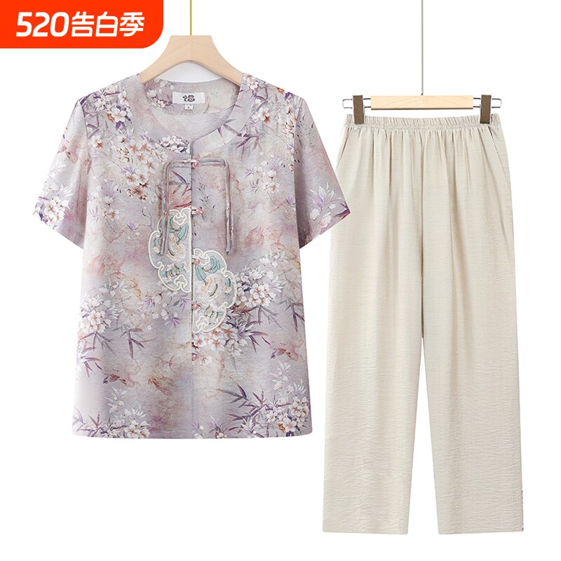 夏天夏装女国风套装妈妈短袖衬衫老人衣服奶奶中老年人两件套薄款
