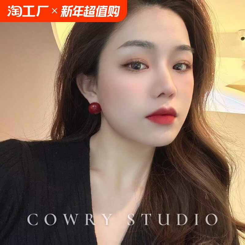 安可拉红几何图形耳钉女复古设计感耳环新款高级感桃心耳饰925银