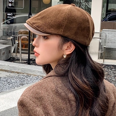 英伦风复古灯芯绒短檐前进帽子女年春新款百搭显脸小贝雷帽潮