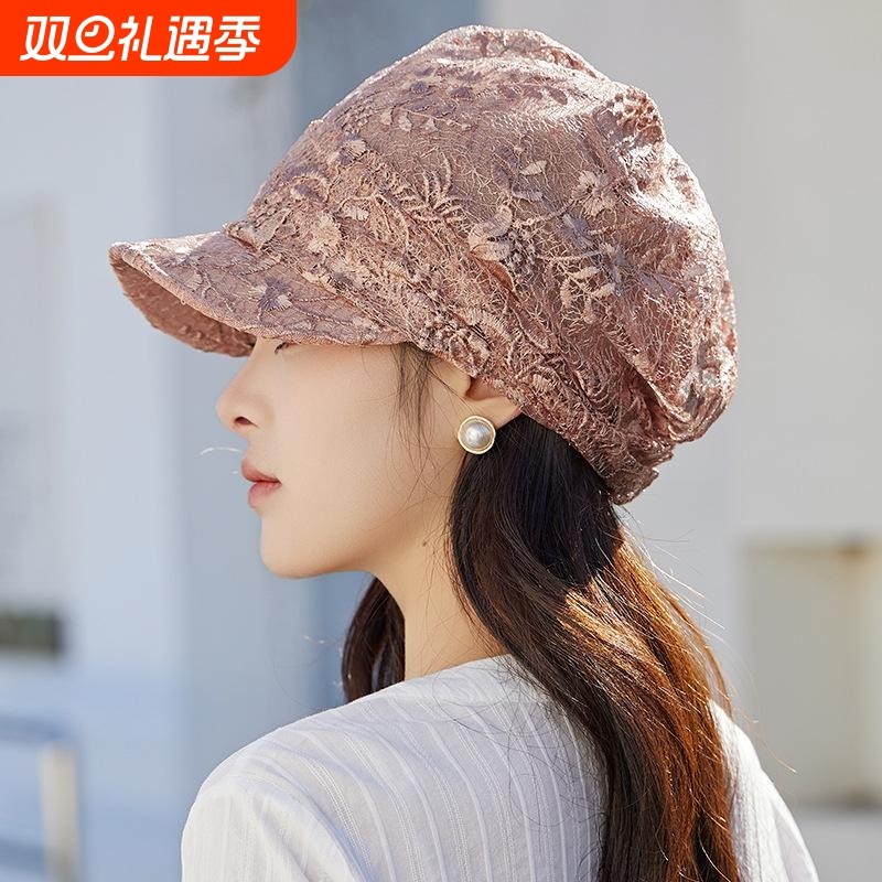 韩版蕾丝鸭舌帽薄款八角帽镂空花朵透气防晒包头遮白发女士帽子