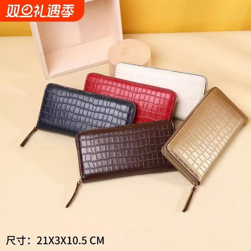 新款女士钱包中长款拉链手拿包鳄鱼纹欧美风时尚真皮钱夹零钱