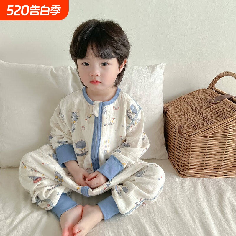 无骨睡袋婴儿春秋纯棉双层纱布宝宝连体睡衣秋季儿童四季男童夏季