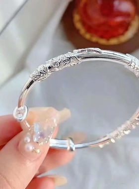 新中式繁花似锦银色手镯女送女朋友520情人节生日礼物灵蛇双环