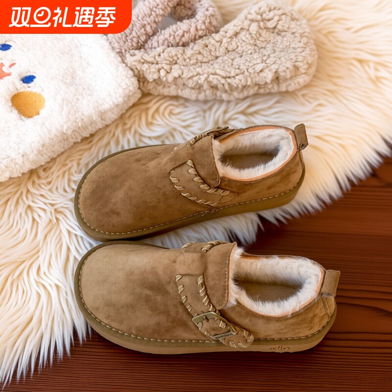 平底勃肯鞋女加绒保暖雪地靴女2025新款冬季乐福鞋豆豆鞋博肯棉鞋
