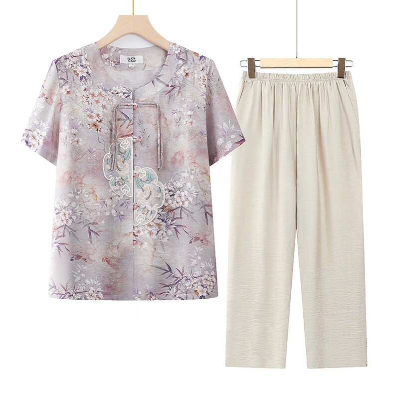 夏天夏装女国风套装妈妈短袖衬衫老人衣服奶奶中老年人两件套上衣