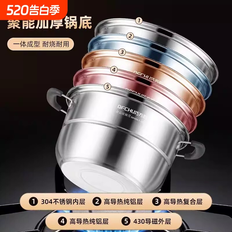巧方厨蒸锅304不锈钢加厚家用新款蒸笼电磁炉用三层大容量燃气灶