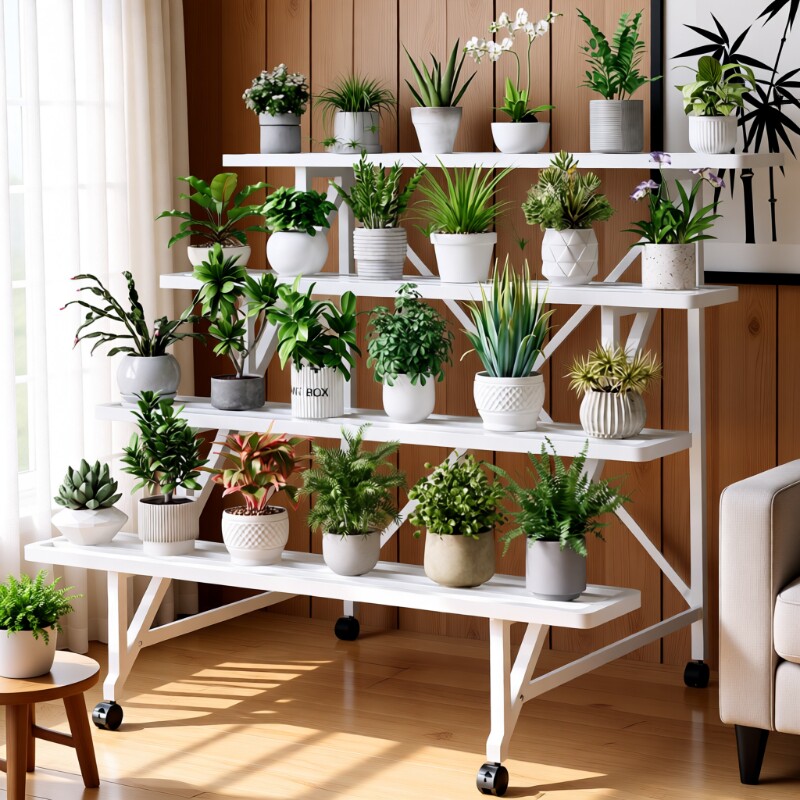 花架置物架阳台庭院客厅落地摆放架花盆架子移动三层白色绿植盆栽