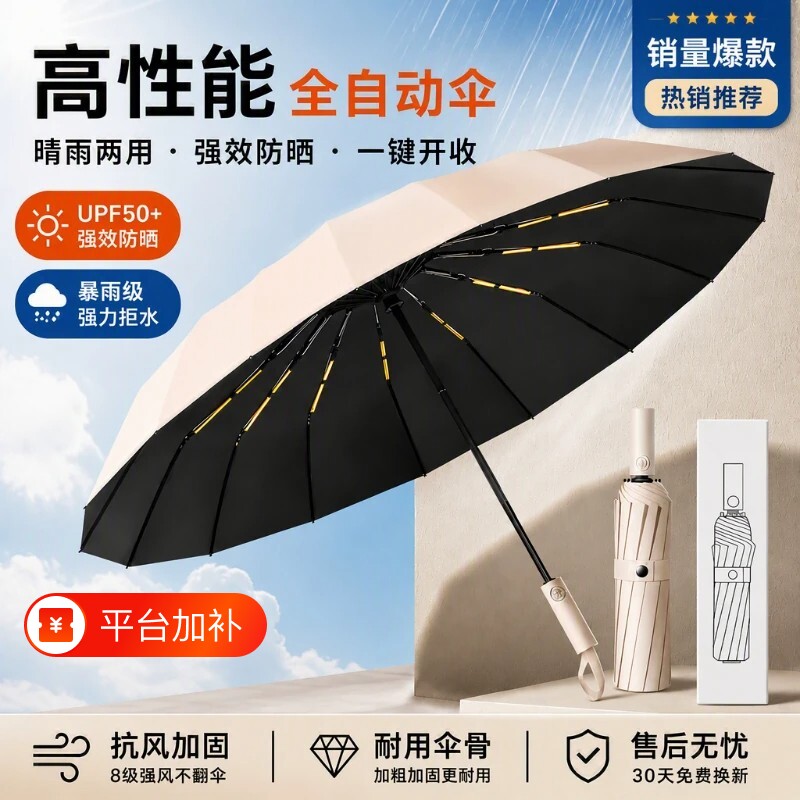 天堂伞全自动雨伞折叠加大加固抗风晴雨两用防晒防紫外线遮阳伞