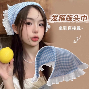 2026新款蓝色格子头巾发箍一体田园风三角巾氛围感拍照头饰头箍女