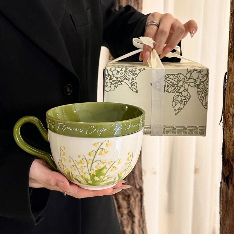 复古田园风咖啡杯碟带盖大容量陶瓷马克杯下午茶咖啡水杯子伴手礼