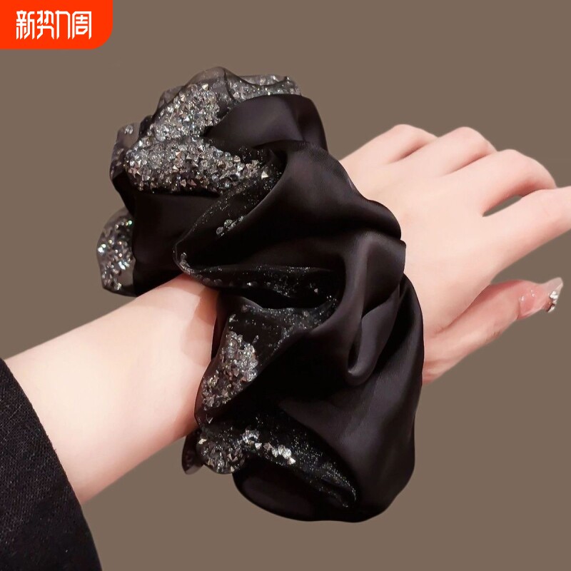 高级感水钻缎面发圈女精致气质扎低马尾大肠圈轻奢时尚发饰头花