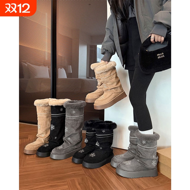 厚底雪花刺绣雪地靴女2025新款冬季中筒长筒堆堆靴子加绒保暖棉鞋