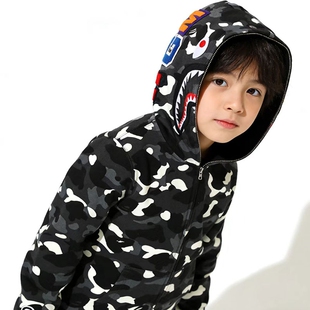 潮牌ape童装男女款鲨鱼卫衣拉链连帽衫嘻哈宽松春秋外套迷彩红色