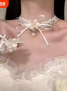 森系花朵流苏锁骨链甜美新娘颈链高级感婚纱礼服造型套装白色法式