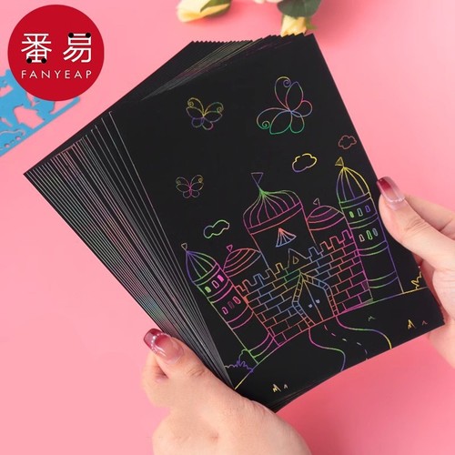 刮画纸A1vn800-幼儿园小学生炫彩涂鸦沙画纸刮刮画黑色手工创