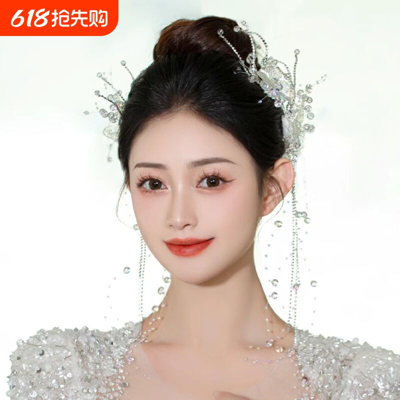 韩式新娘头饰水晶发夹蝴蝶流苏对夹主婚纱拍婚纱照旅拍发饰配饰品