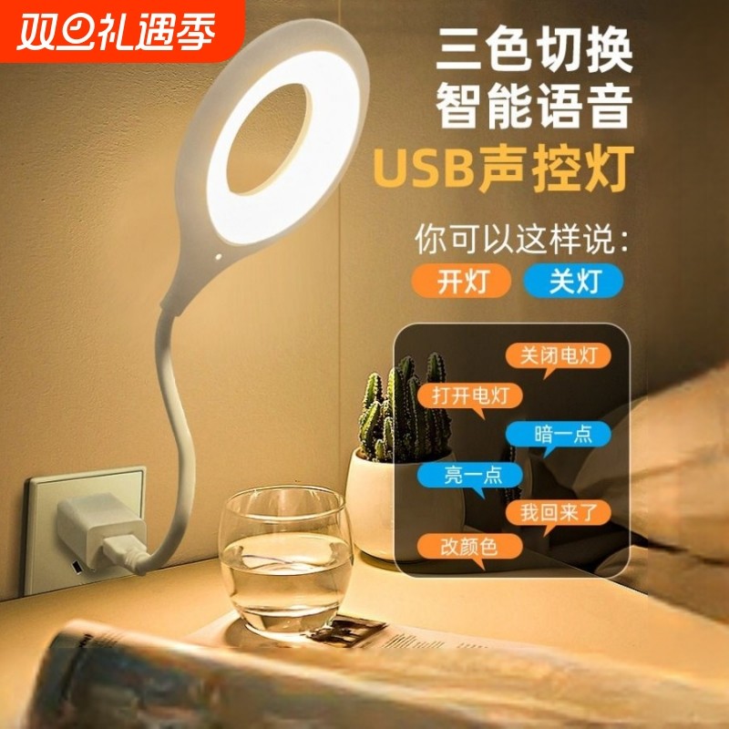 人工智能语音台灯控制灯usb声控灯感应灯led插口小夜灯床头灯插电既唤醒帮手夜间充电宿舍可调节护眼节能两个
