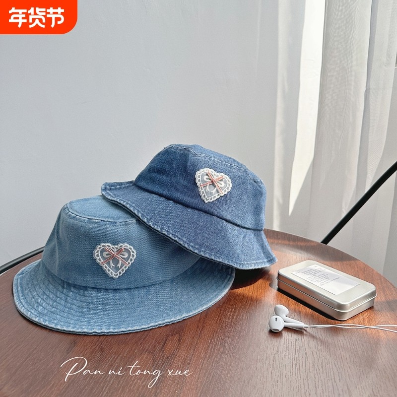 【LH】小清新韩系盆帽甜美爱心儿童牛仔渔夫帽女宝宝户外防晒遮阳