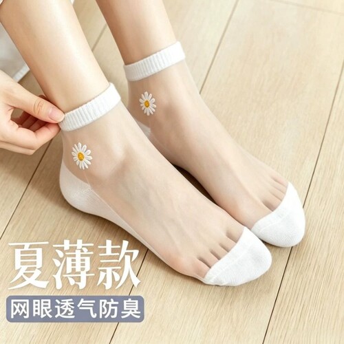 小雏菊丝袜袜子女士夏季夏天透气短袜ins潮防臭超薄白色透明黑色
