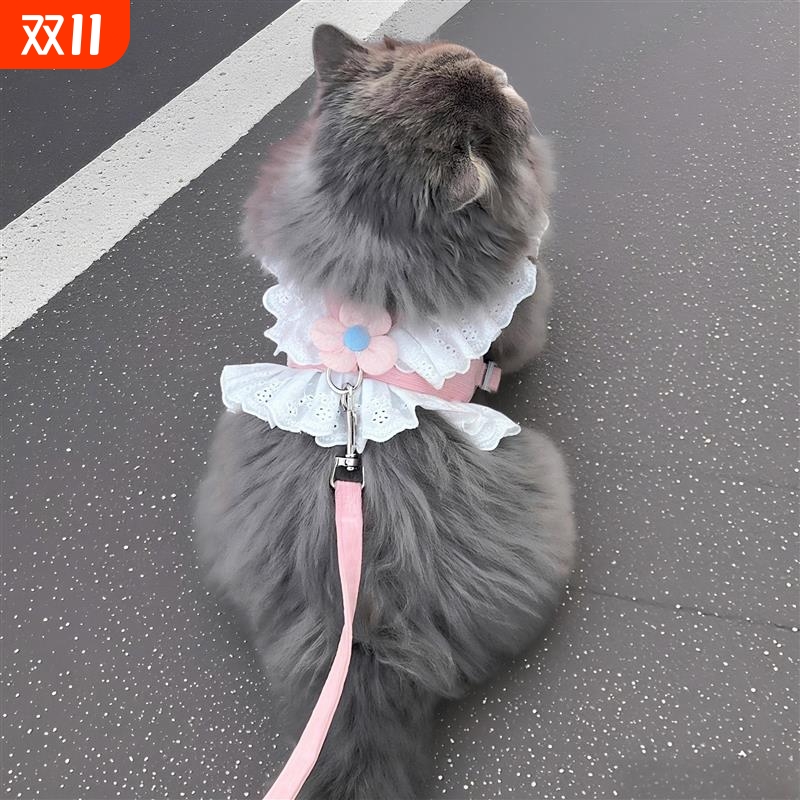 猫咪牵引绳带小花可调节狗狗防挣脱胸背带宠物衣服牵引绳外出遛猫