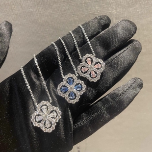 高定版HW四叶草镶钻项链女满钻花朵幸福之门吊坠水滴钻花型锁骨链