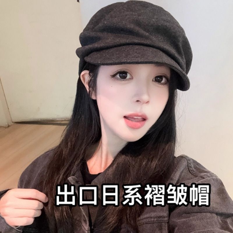 日本显脸小渔夫帽女秋冬帽大头围八角贝雷帽冬季灰色褶皱日系平顶