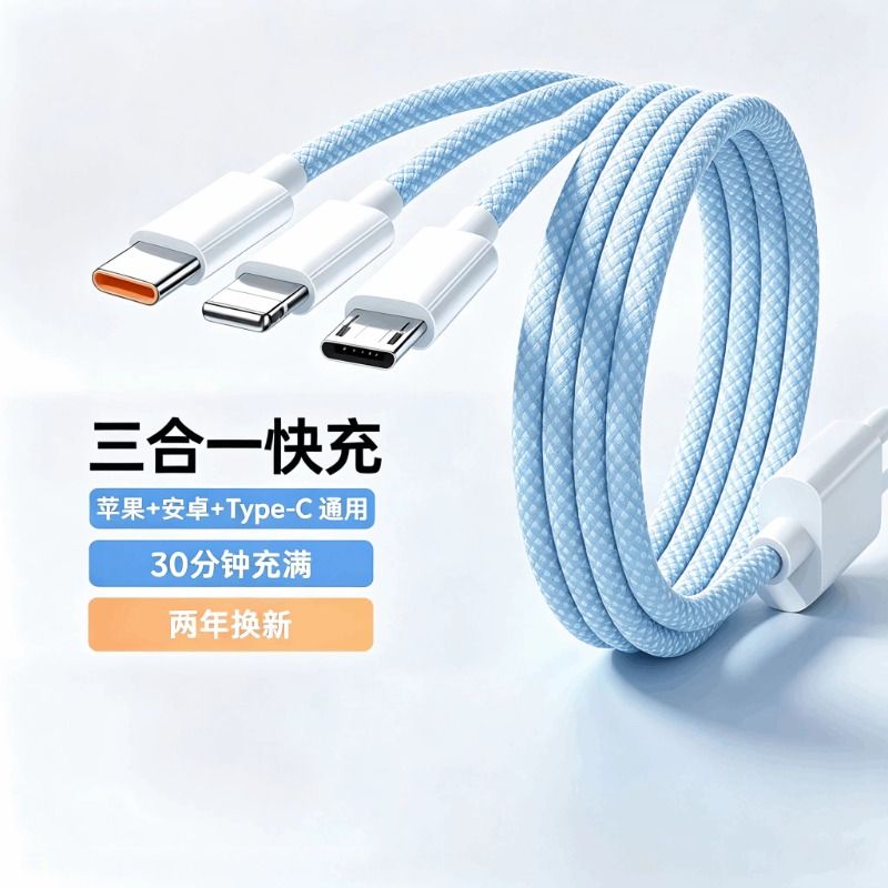 3C认证三合一闪充接口数据线120W充电器三线充电头多功能头车载三头套装USB适用苹果华为安卓车载快充一拖三图片