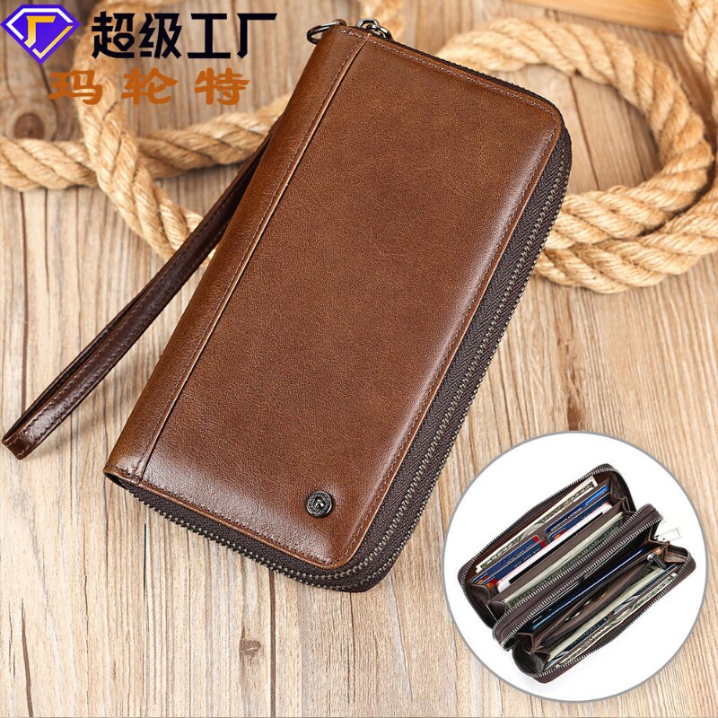 玛轮特男士真皮钱包高级感双拉链多功能油蜡皮手拿包多卡位卡包潮
