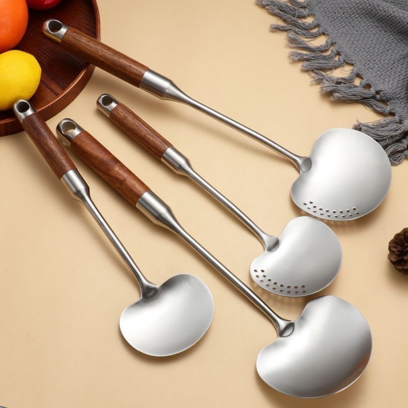 锅铲304不锈钢加厚炒菜铲子漏勺汤勺家用炒勺套装铁锅铲蘑菇手柄