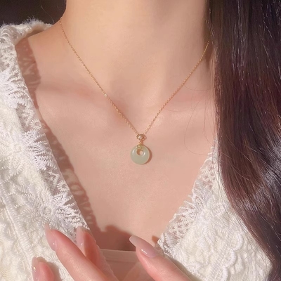 帝丰s999纯银简约平安扣和田玉项链女吊坠玉石锁骨链新中式饰品