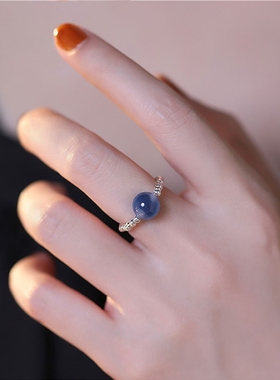 蓝色溏心玛瑙银戒，925银素圈