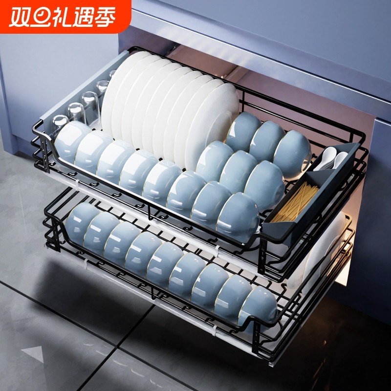 铂铼鑫拉篮厨房橱柜304不锈钢碗篮抽屉式双层碗篮碟架柜体筷子