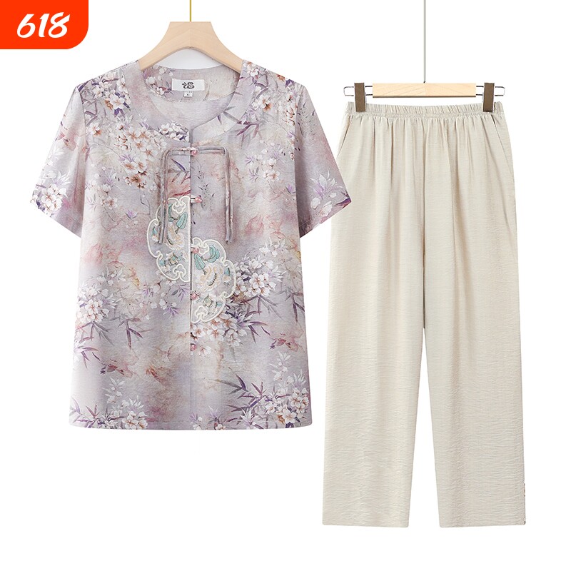 夏天夏装女国风套装妈妈短袖衬衫老人衣服奶奶中老年人两件套上衣