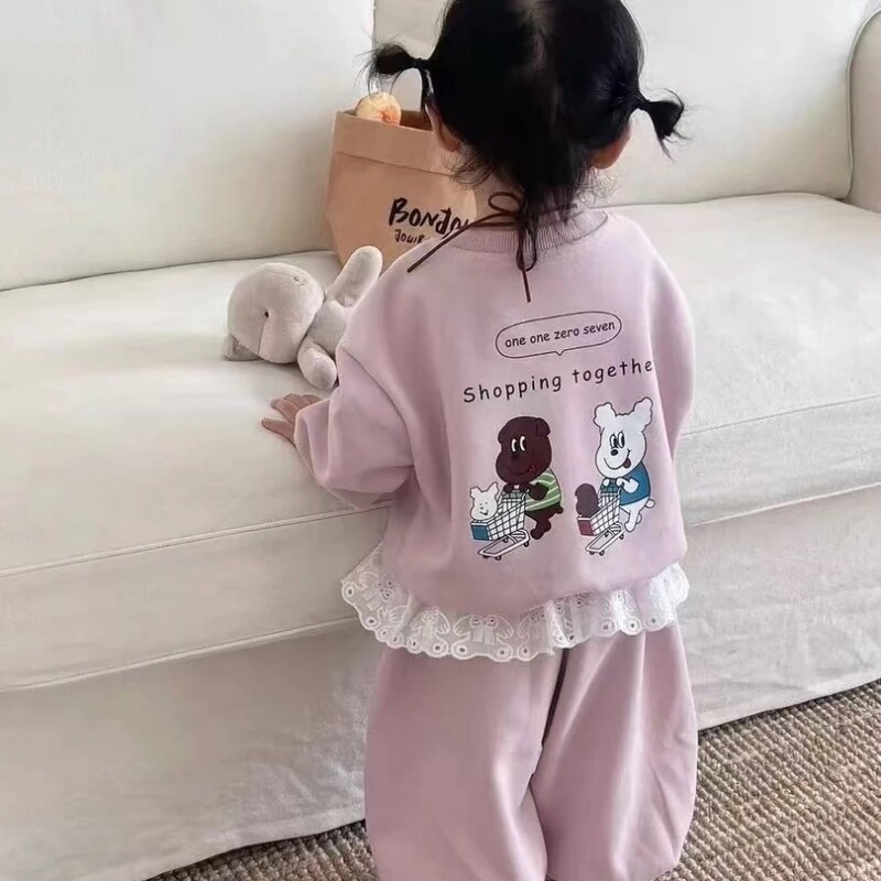 女童卫衣套装秋季2026新款儿童洋气时髦秋装女宝宝两件套粉色花边
