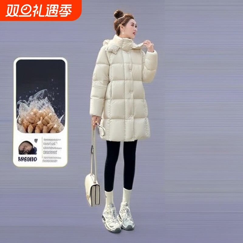 户外90白鹅绒白色羽绒服女中长款2025冬季新款连帽加厚面包服黑色